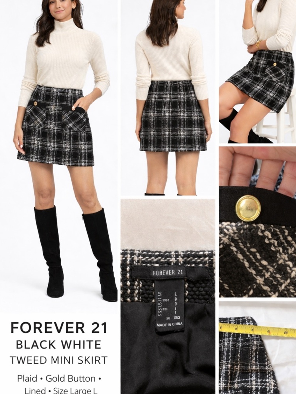 Forever 21 Black White Tweed Mini Skirt Plaid Gold Button Pocket Lined Size L - Picture 2 of 9
